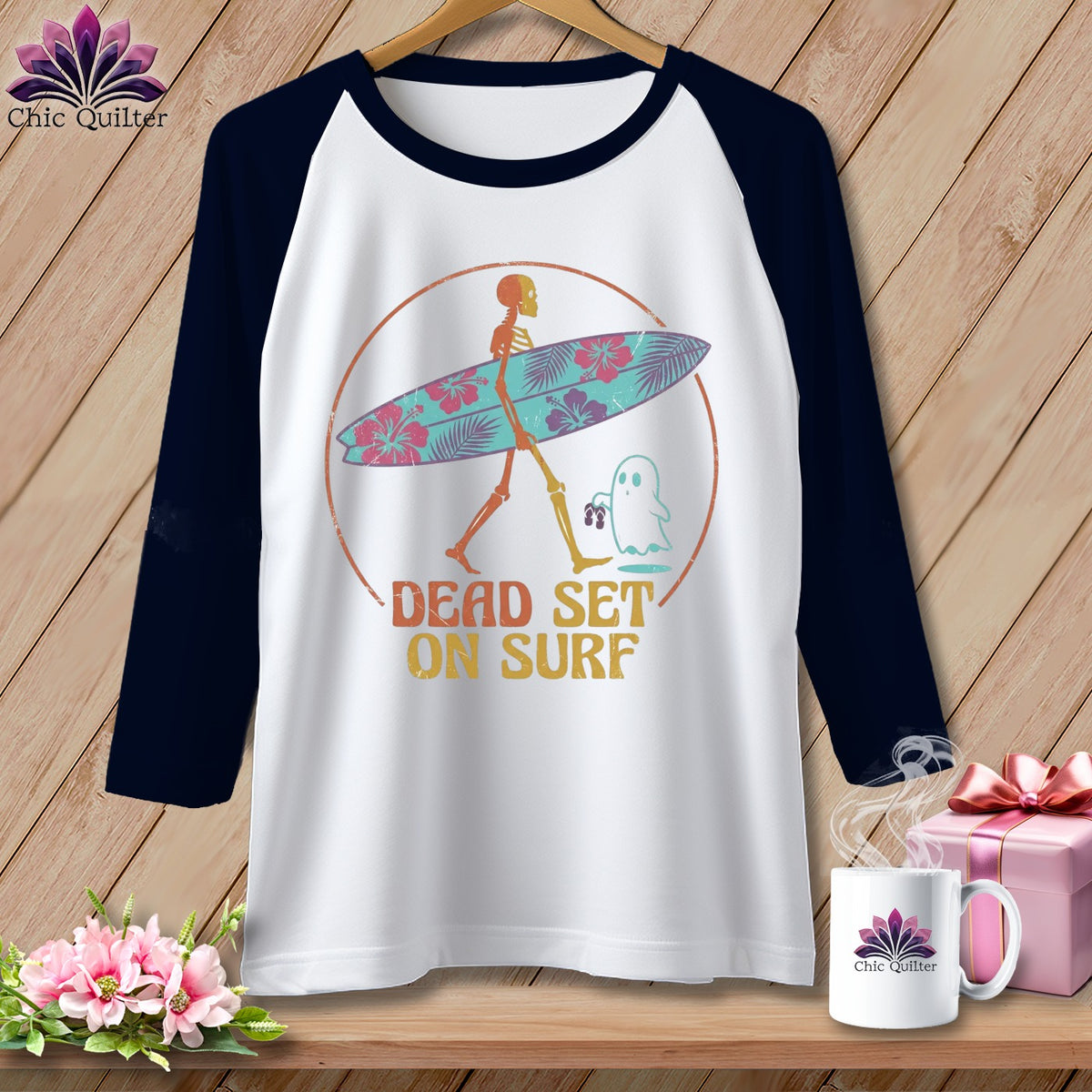 Raglan shirt with skeleton carrying surfboard and a ghost, text "Dead Set On Surf."