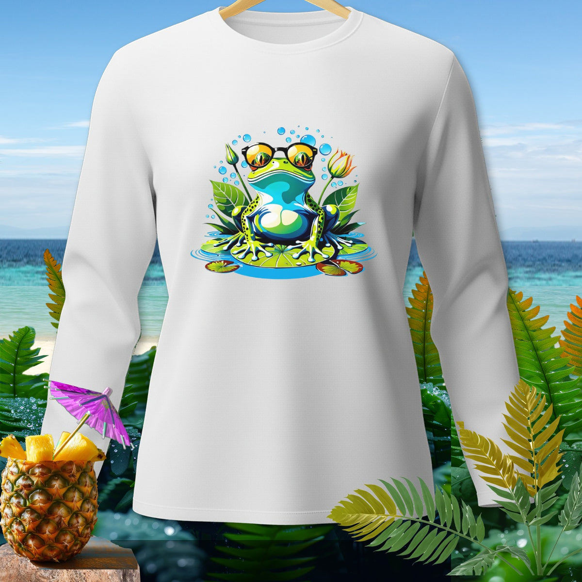 White long-sleeve shirt featuring a cartoon frog with sunglasses on lily pads.