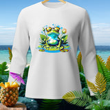 White long-sleeve shirt featuring a cartoon frog with sunglasses on lily pads.