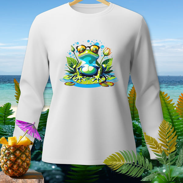 White long-sleeve shirt featuring a cartoon frog with sunglasses on lily pads.