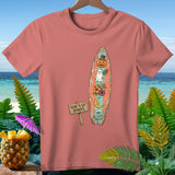 Pink t-shirt with surfboard graphic featuring a pumpkin, ghost, moon, and text 