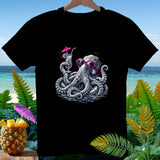 Black t-shirt with a graphic of an octopus wearing sunglasses and holding a cocktail.