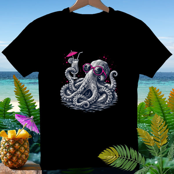Black t-shirt with a graphic of an octopus wearing sunglasses and holding a cocktail.