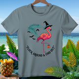 Gray t-shirt with flamingo in witch hat, bats, palm frond, and 