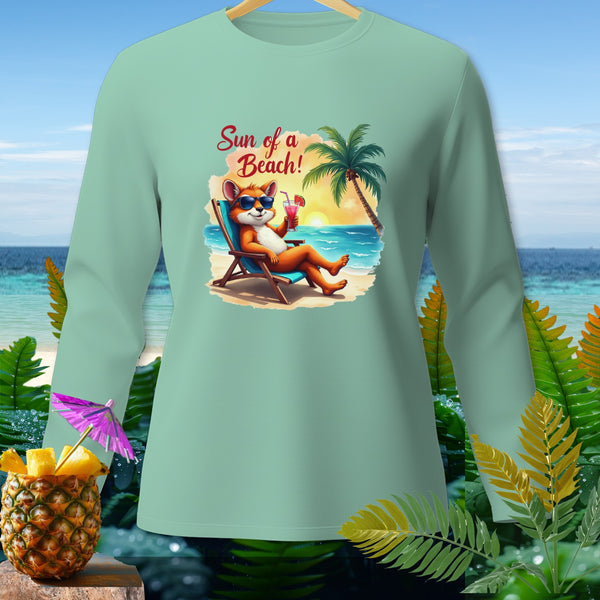 Light green long sleeve shirt with cartoon fox on beach graphic and "Sun of a Beach!" text.