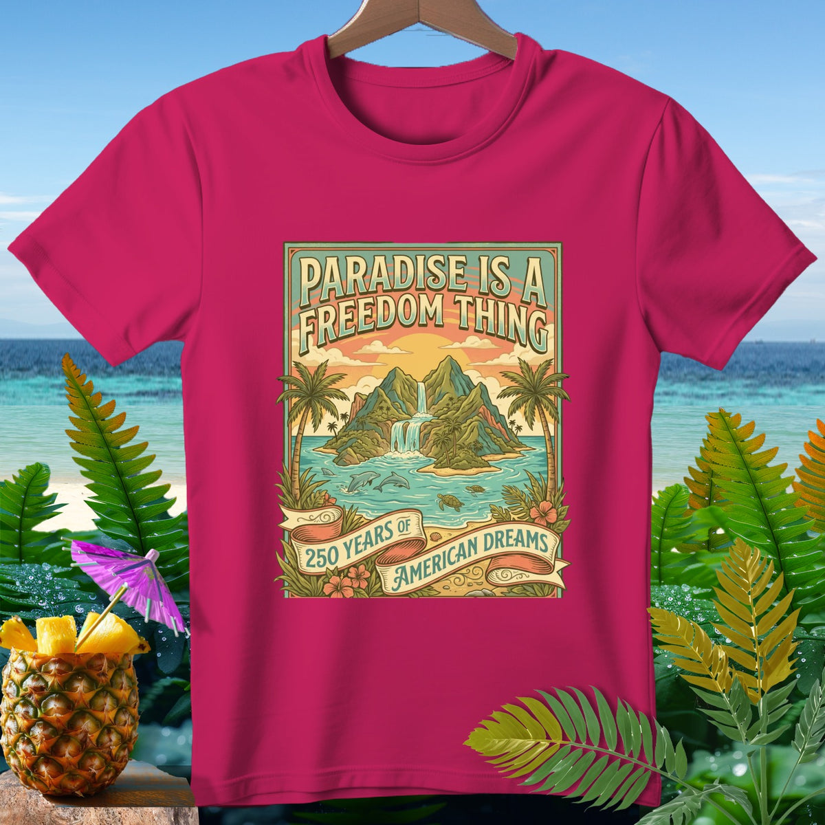 T-shirt with text "Paradise is a Freedom Thing" and "250 Years of American Dreams".