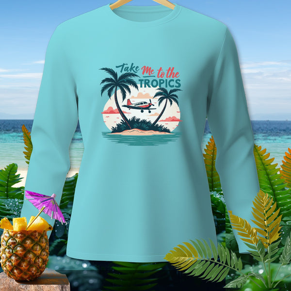 Long sleeve shirt with "Take Me to the Tropics" graphic featuring an airplane over an island.