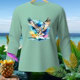 Light teal long-sleeve shirt with a watercolor owl design over water.
