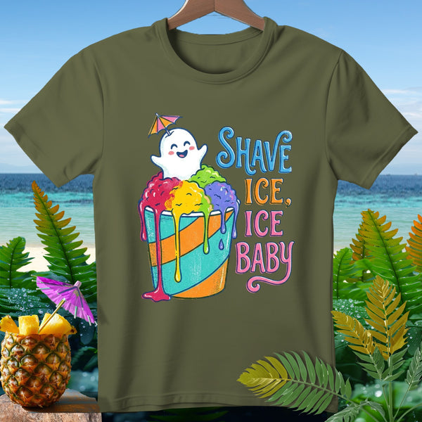 Cute ghost with umbrella on colorful shave ice, "Shave Ice, Ice Baby" text.