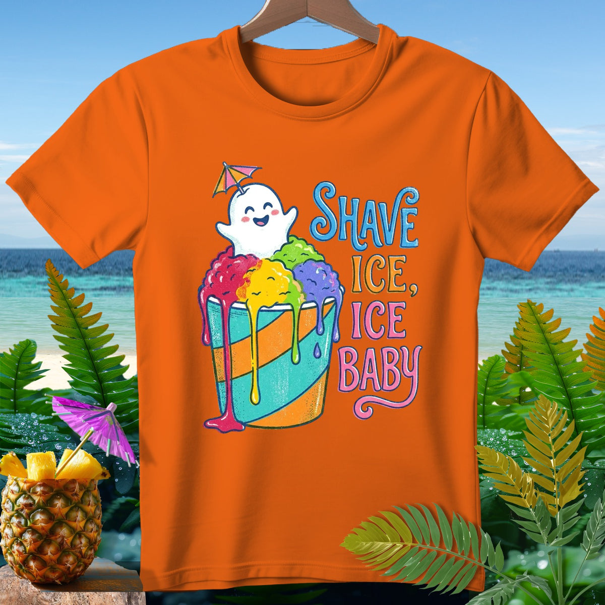 Orange t-shirt with cartoon ghost on shave ice and text "Shave Ice, Ice Baby".