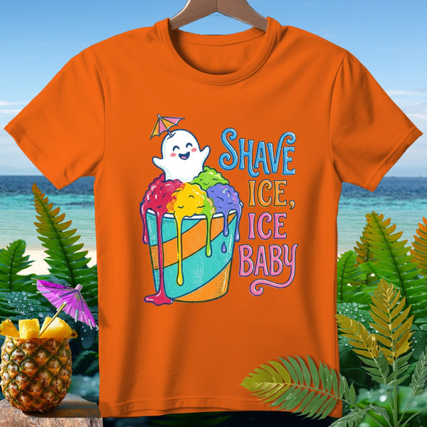 Orange t-shirt with cartoon ghost on shave ice and text "Shave Ice, Ice Baby".