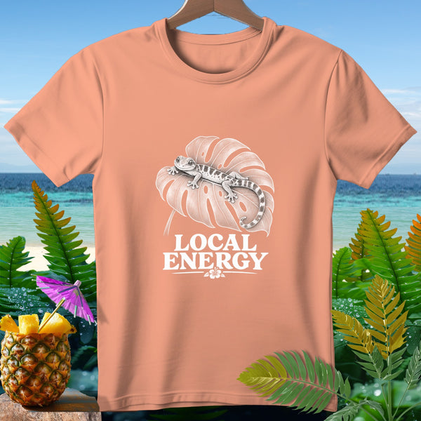 Peach t-shirt with gecko on leaf and text "LOCAL ENERGY".