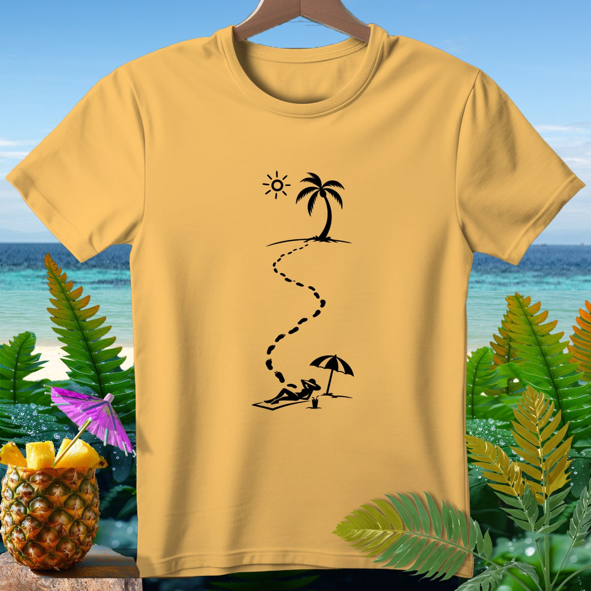 Yellow t-shirt with black graphic of footprints leading to a sunbather on a beach.