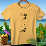 Yellow t-shirt with black graphic of footprints leading to a sunbather on a beach.