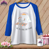 Raglan shirt with skeleton and ghost on beach with text 