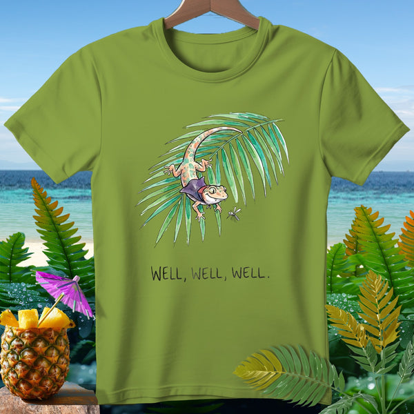 Green t-shirt with gecko on palm frond, text "Well, well, well."