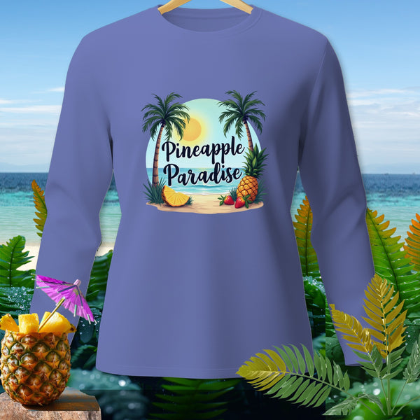 Purple long-sleeve shirt with "Pineapple Paradise" beach graphic and tropical fruit.