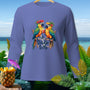 Long-sleeve shirt with two parrots and "talk Birdie to me" text.