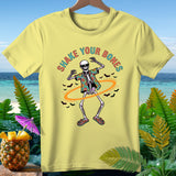 Yellow t-shirt with a dancing skeleton wearing sunglasses and a Hawaiian shirt, text says 