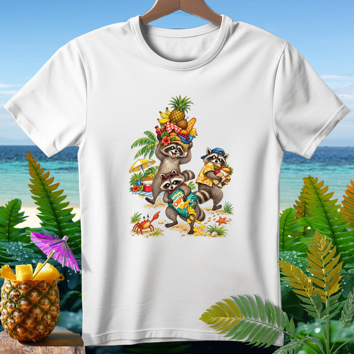 Three raccoons enjoy a beach picnic with snacks and tropical fruits.