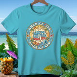 Aqua t-shirt with circular graphic: America 250 Barefoot and Free Since 1776.
