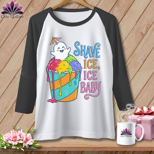 T-shirt with ghost and shaved ice graphic, reading "Shave Ice, Ice Baby".