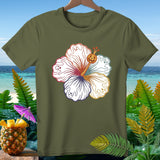 Olive green t-shirt with a hibiscus flower design featuring ghosts and a jack-o'-lantern.