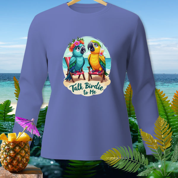 Two cartoon parrots sit on beach chairs with text "Talk Birdie to Me."