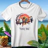 Parrots and toucans dressed as Halloween characters on a branch with text 