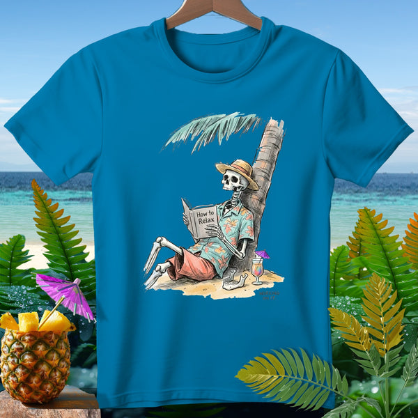 Skeleton reading "How to Relax" under a palm tree on a beach with a cocktail.