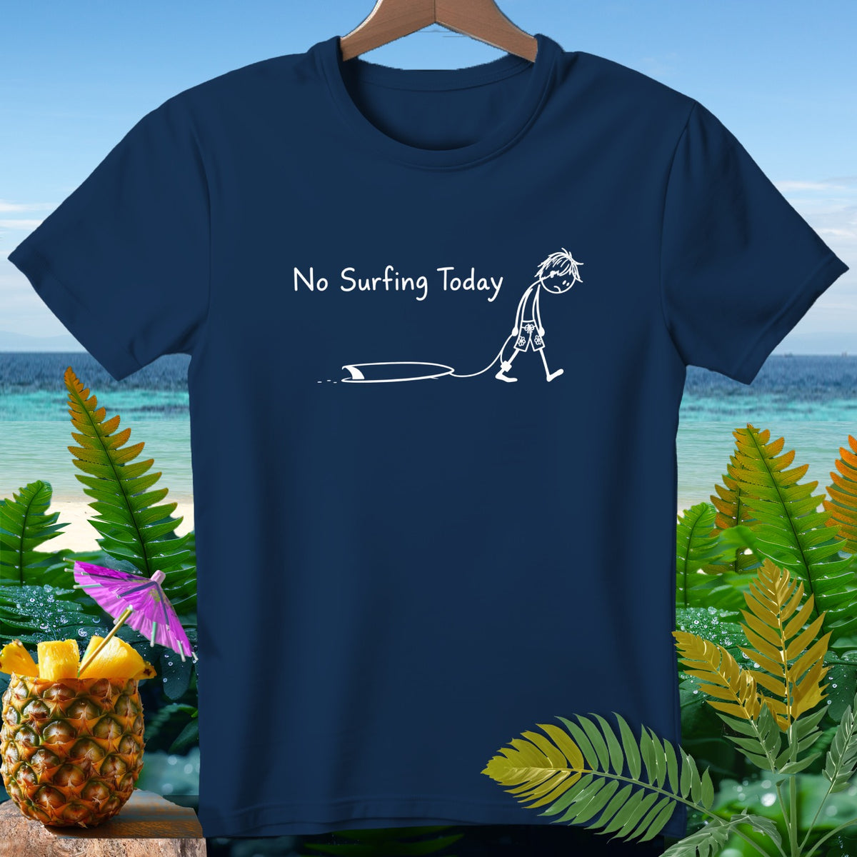 Navy t-shirt with white text "No Surfing Today" and a cartoon surfer.
