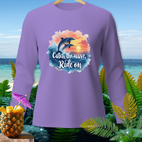 Purple long-sleeve shirt with dolphins and "Catch the wave, Ride on" text.