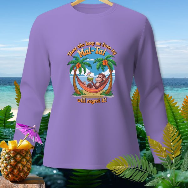 Purple long-sleeve shirt with monkey in hammock graphic: "Those who keep me from my Mai-Tai will regret it!"