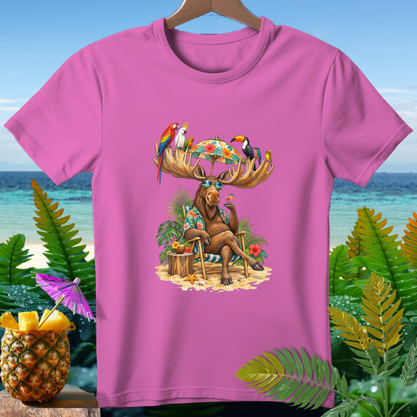 Moose wearing sunglasses and a floral shirt sits on a beach chair with tropical birds.