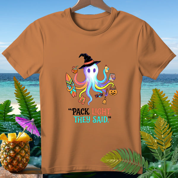 Halloween octopus wearing witch hat, holding beach items, with text "PACK LIGHT. THEY SAID."