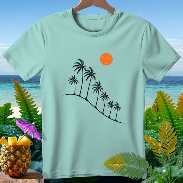 Light teal t-shirt with black palm trees, sun, and pineapple with umbrella.