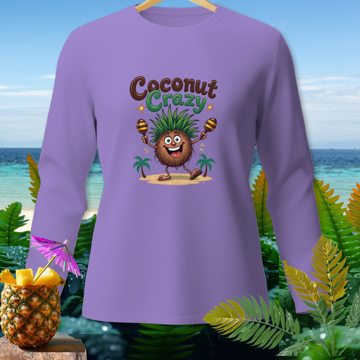 Purple long-sleeve shirt with "Coconut Crazy" text and a cartoon coconut character.
