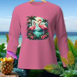 Pink long-sleeve shirt with two flamingos in a tropical scene graphic.