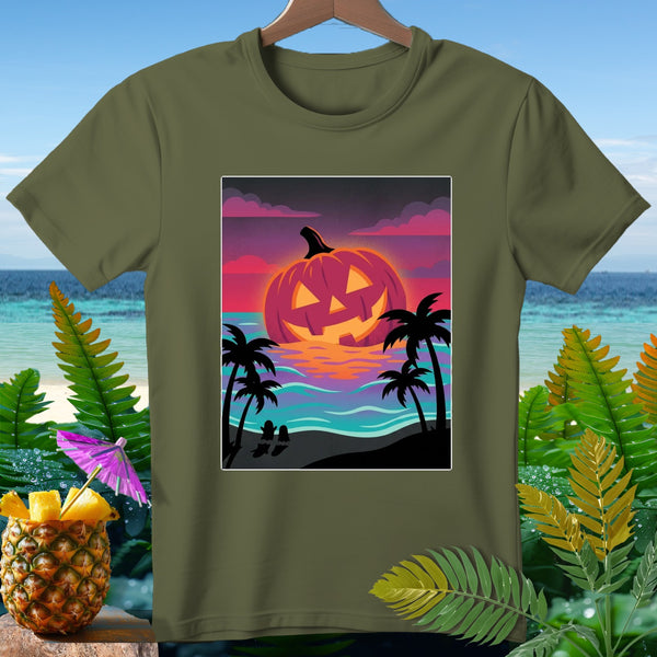 Jack-o'-lantern on a tropical beach at sunset with palm trees
