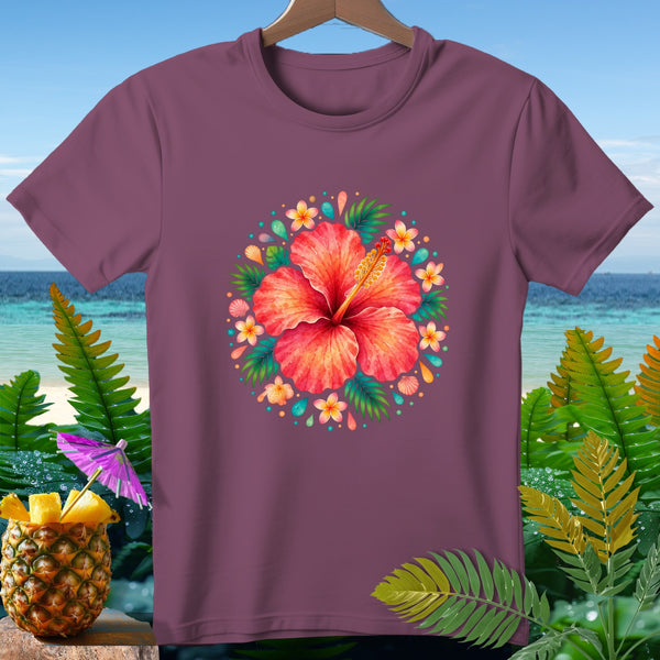 Plum t-shirt with a circular hibiscus flower, tropical leaves, and shells design.