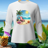 White long-sleeve shirt with a tropical beach graphic featuring a lounge chair and palm tree.
