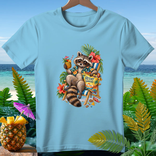 Raccoon in beach chair with pineapple drink and "Resort Snacks All Mine" bag.