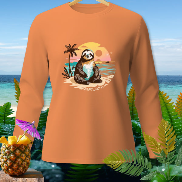 Orange long-sleeve shirt with a sloth on a beach at sunset graphic.