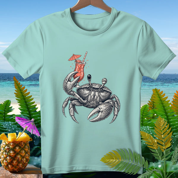 Light blue t-shirt with a detailed crab holding a tropical drink and a pineapple.