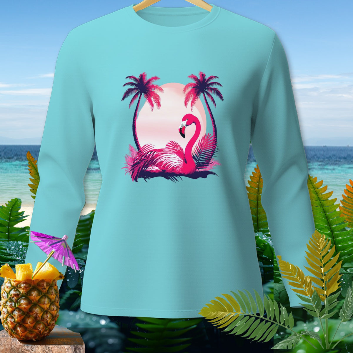 Light blue long-sleeve shirt with a pink flamingo and palm trees graphic.