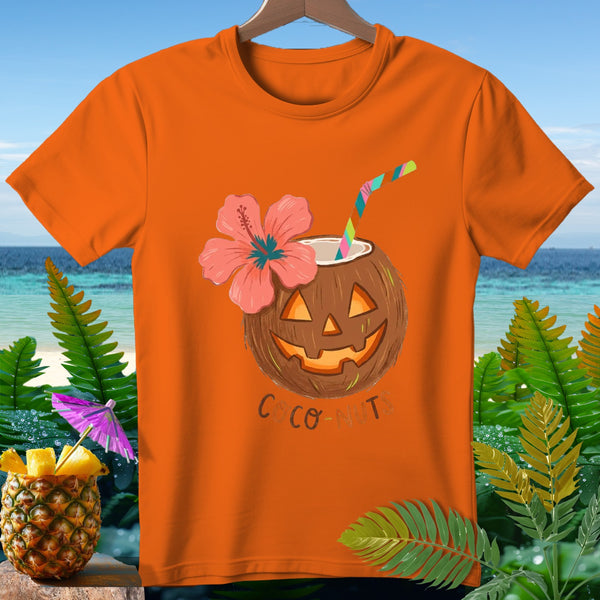 Orange t-shirt with jack-o'-lantern coconut drink, hibiscus flower, straw, and text "COCO-NUTS".
