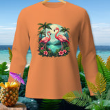 Orange long-sleeve shirt with two flamingos, palm trees, and a tropical scene graphic.