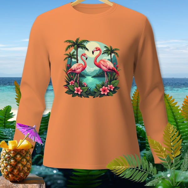 Orange long-sleeve shirt with two flamingos, palm trees, and a tropical scene graphic.