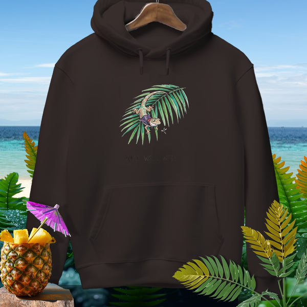 Brown hoodie with a lizard on a palm leaf graphic and "Well, Well" text.