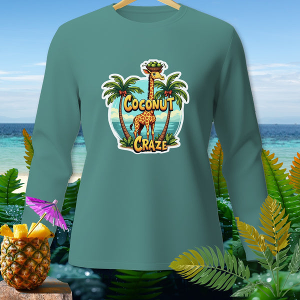 Teal long-sleeve shirt with "Coconut Craze" text and giraffe graphic.
